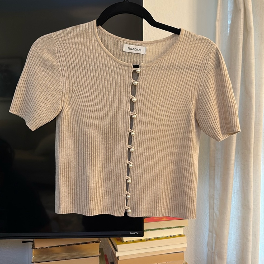 NAADAM Beige Ribbed Pearl Button-Up Top